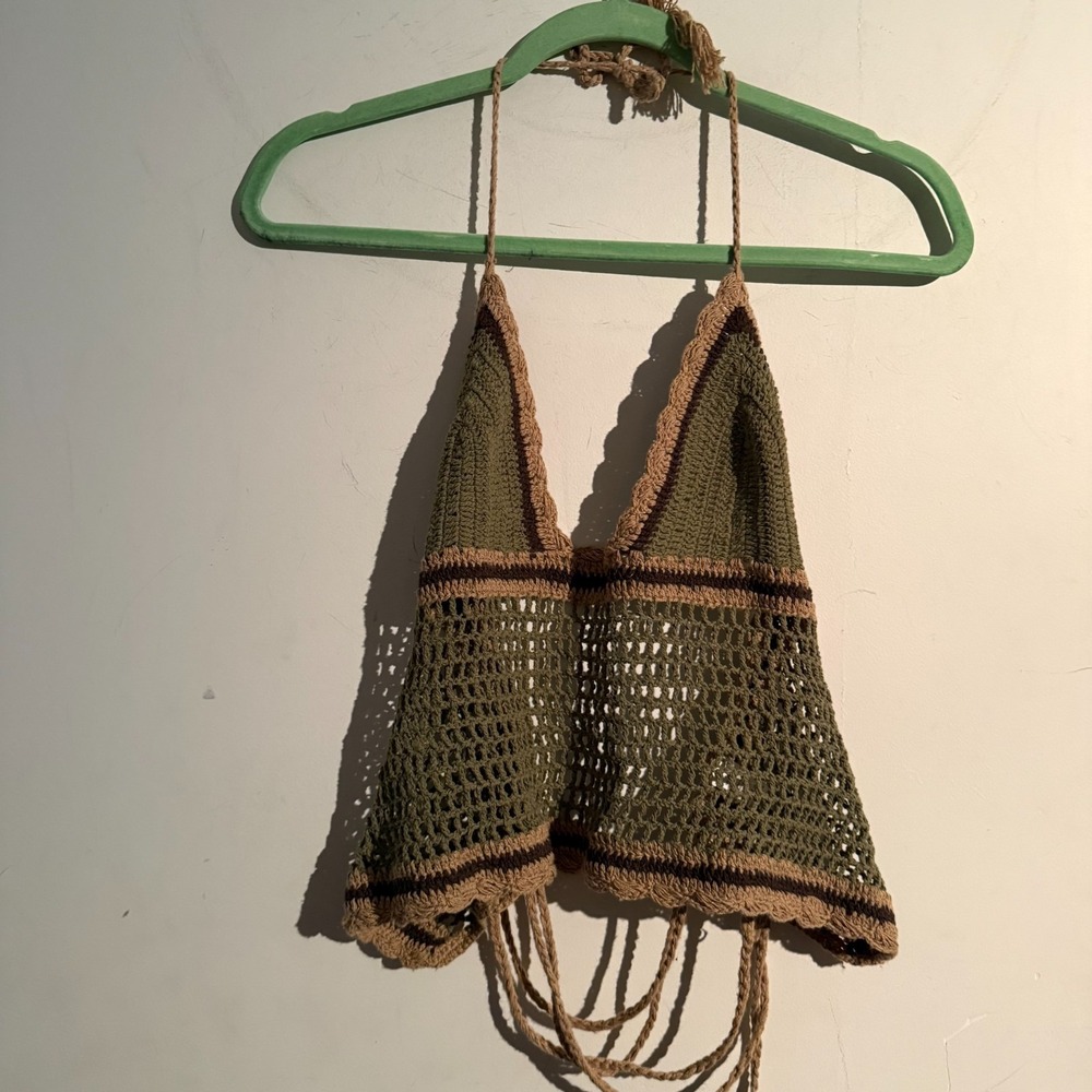 Lakhays M/L Crochet Crop‎ Halter Olive Green Brown Boho Festival